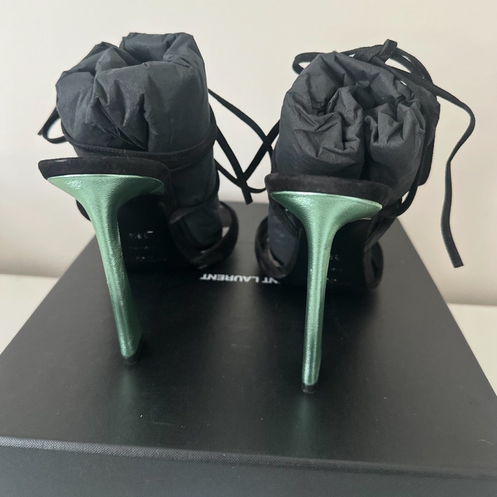 SAINT LAURENT Black Green Suede Metallic Vitti Wrap Around Sandal 39.5 - Picture 4 of 6